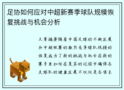 足协如何应对中超新赛季球队规模恢复挑战与机会分析 足协如何应对中超新赛季球队规模恢复挑战与机会分析