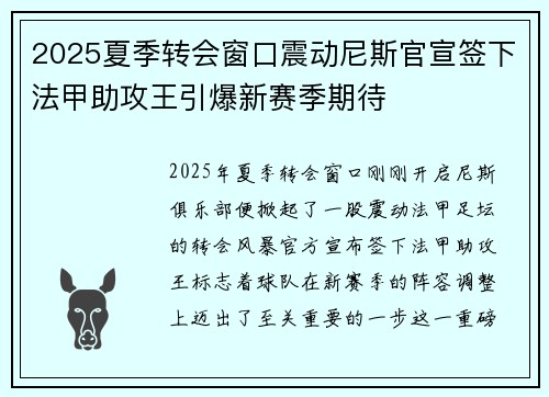 2025夏季转会窗口震动尼斯官宣签下法甲助攻王引爆新赛季期待