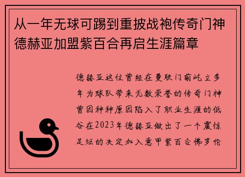 从一年无球可踢到重披战袍传奇门神德赫亚加盟紫百合再启生涯篇章