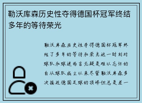 勒沃库森历史性夺得德国杯冠军终结多年的等待荣光